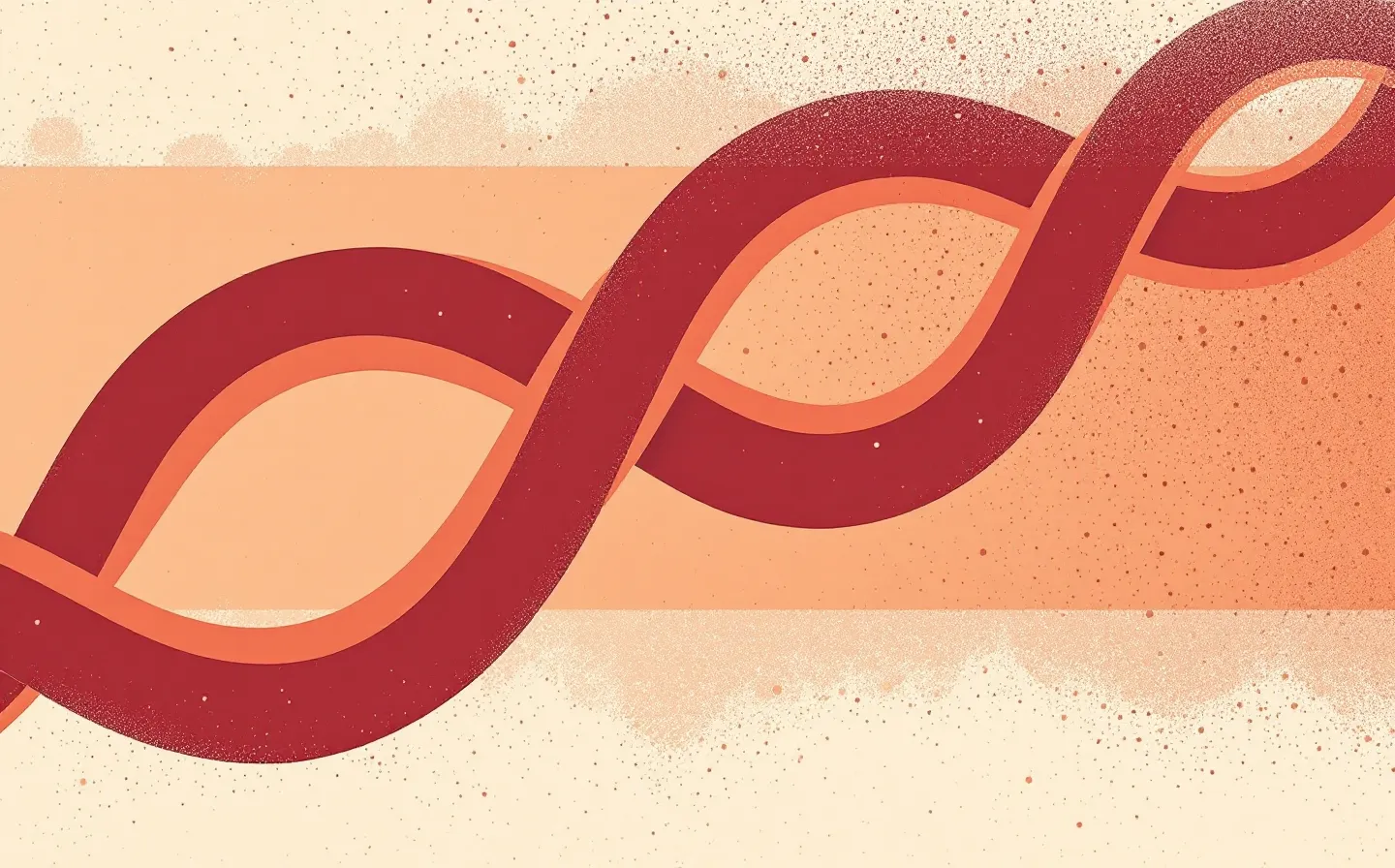 Halftone editorial illustration of an abstract peptide chain with a fatty-acid tail in oxblood and amber on cream